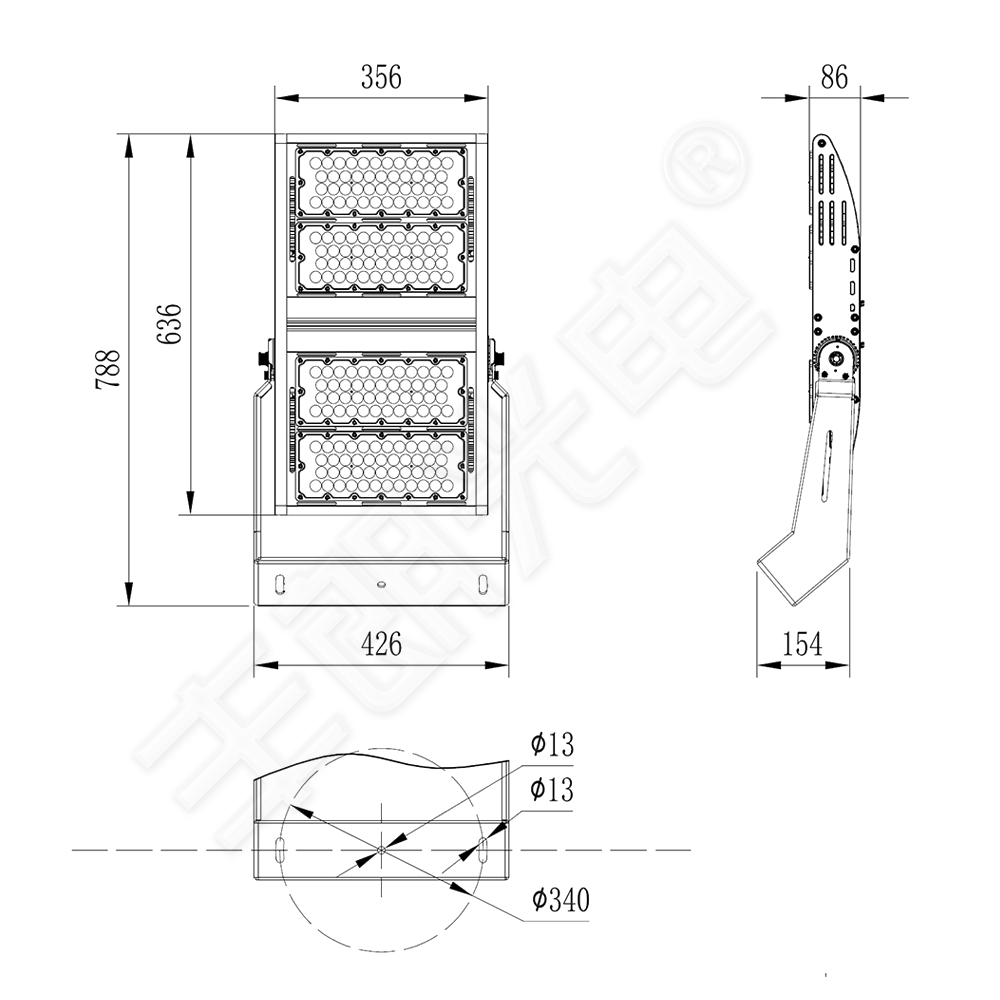 尺寸圖,QY球場(chǎng)燈,球場(chǎng)投光燈,體育照明,球場(chǎng)燈,網(wǎng)球場(chǎng)燈,高爾夫球場(chǎng)燈_豐朗光電